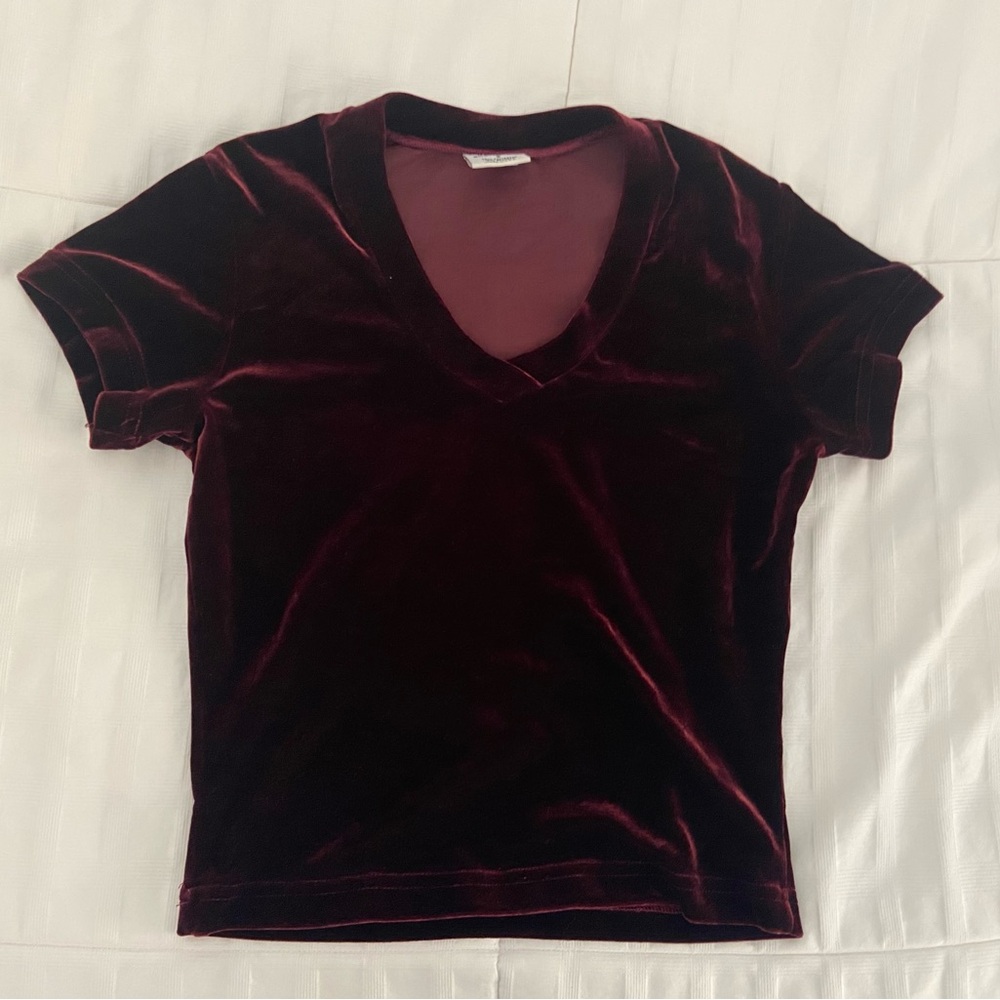 Vintage 90s ellemenno Velvet V-Neck Short Sleeve Top - Deep Burgundy